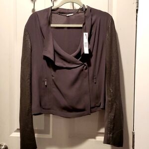 Elie Tahari taupe perforated lambskin sleeve jacket